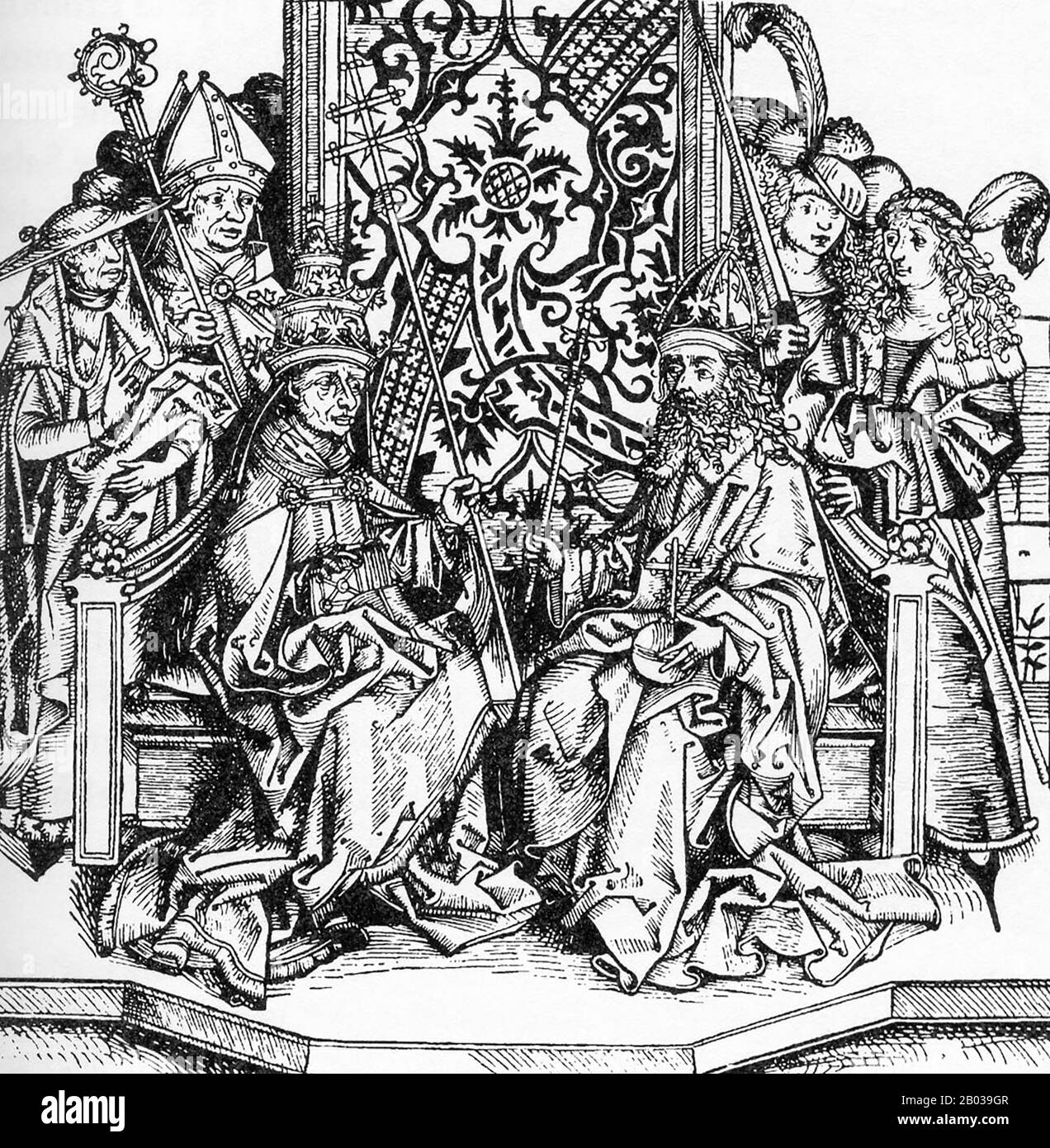 Frederick III (1415-1493), aussi connu sous le nom de Frederick The Fat et Frederick The Paisible, était le fils aîné du duc autrichien intérieur Ernest The Iron, membre de la dynastie des Habsbourg. Il est devenu duke de l'Autriche intérieure en 1424 à l'âge de neuf ans, mais ne lui sera pas accordé la règle jusqu'en 1435, avec son jeune frère Albert affirmant ses droits en tant que co-dirigeant. En 1439, Frederick était devenu le chef incontesté de la dynastie des Habsbourg. Frederick était le cousin de feu le roi Albert II et fut élu roi d'Allemagne en 1440. Il s'est rendu en Italie en 1452 pour être couronné empereur romain Saint. Il était insucces Banque D'Images
