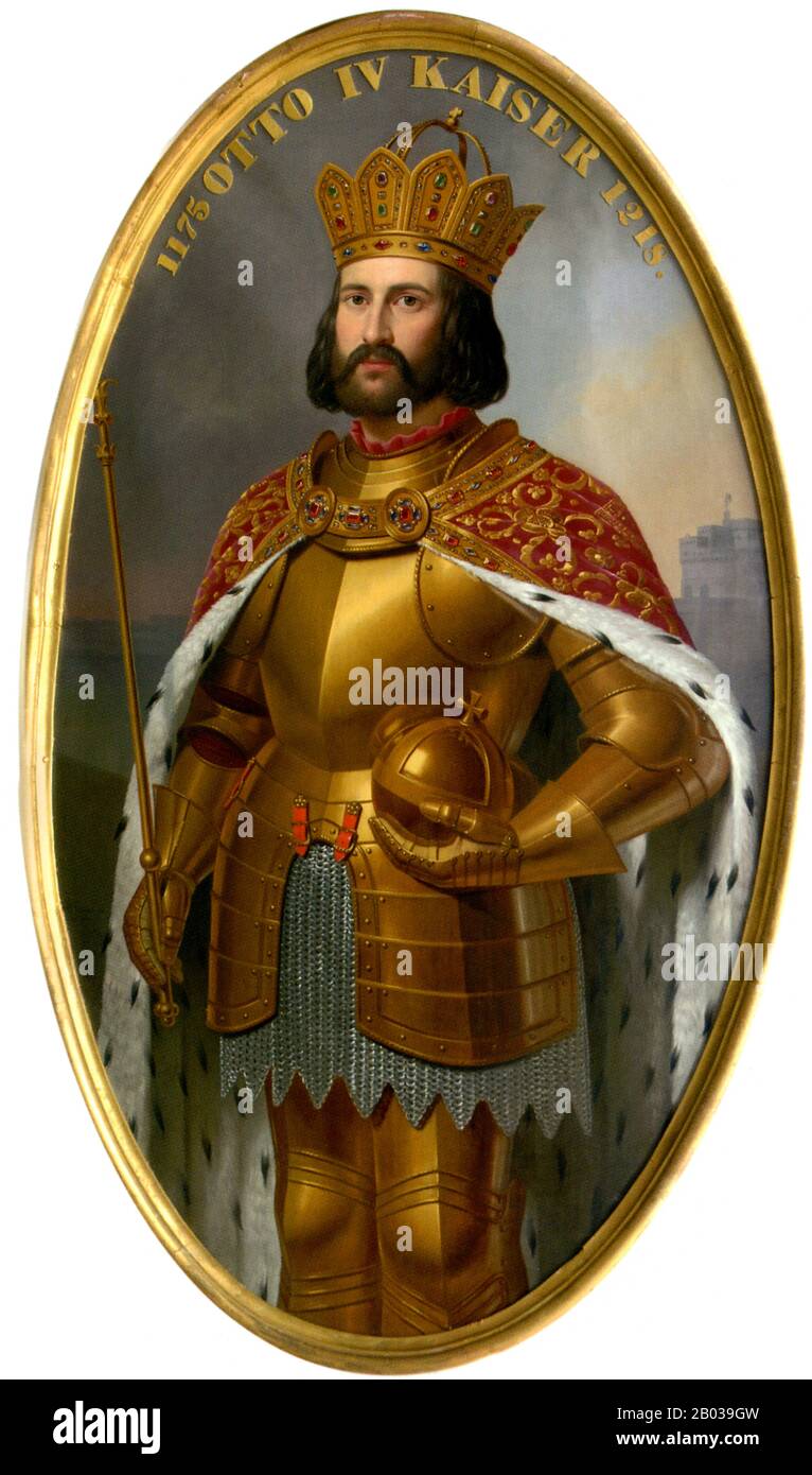 Otto IV (1175-1218) était le troisième fils du duc rebelle Henry le Lion, ainsi que le neveu et le fils nourricier du roi Richard Lionheart d'Angleterre. Il est né et élevé en Angleterre par Richard, et donc beaucoup le considèrent comme le premier roi étranger d'Allemagne. Lorsque l'empereur Henry VI est mort en 1197, certains des princes opposés à la dynastie Staufen ont élu Otto comme anti-roi en 1198. L'élection d'Otto a déclenché une guerre civile entre lui-même et Philippe de Swabia, frère de l'empereur Henry et vrai requérant à la couronne de l'Allemagne. Les forces d'Otto ont d'abord été victorieuses, mais son événement de situation Banque D'Images