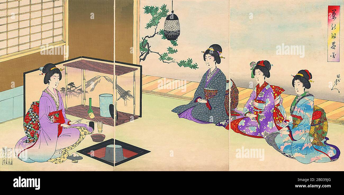 Toyohara Chikanobu, mieux connu pour ses contemporains comme Yōshū Chikanobu, était un artiste prolifique de la période Meiji au Japon. Ses œuvres capturent la transition de l'âge du samouraï à la modernité Meiji. En 1875 (Meiji 8), il décide d'essayer de faire vivre un artiste. Il s'est rendu à Tokyo. Il a trouvé du travail comme artiste pour le Kaishin Shimbun. En outre, il a produit des œuvres d'art nishiki-e. Dans ses jours plus jeunes, il avait étudié l'école de peinture de Kanō; mais son intérêt a été tiré à ukiyo-e. Comme beaucoup d'artistes ukiyo-e, Chikanobu a tourné son attention vers une grande variété de sujets Banque D'Images