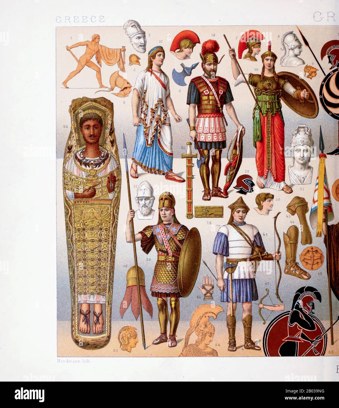 Ancienne Grèce mode et accessoires , de Geschichte des kostüms dans chronologicher entwicklung (Histoire du costume dans le développement chronologique) par Racinet, A. (Auguste), 1825-1893. Et Rosenberg, Adolf, 1850-1906, Volume 1 imprimé à Berlin en 1888 Banque D'Images