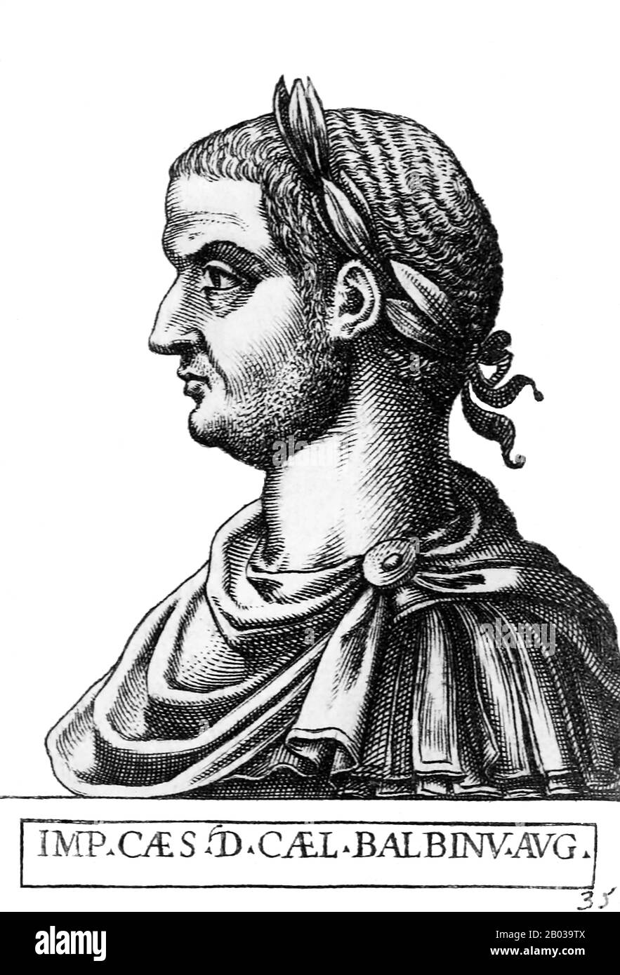 Balbinus (178-238), comme son co-empereur Pupinus, était sénateur et politisation de l'Empire romain. Il y a peu d'informations connues sur Balbinus avant son ascenion à l'empereur conjoint, mais ce qui est connu est qu'il avait servi comme consul deux fois, et peut avoir gouverné plusieurs provinces. Après que le Sénat a reconnu les Gordiens comme co-empereurs en 238 au mépris de l'actuel empereur Maximinus Thrax, Balbinus a été nommé à un comité aux côtés de Pupienus pour essayer de coordonner les opérations agaisnt Maximinus jusqu'à ce que les Gordiens puissent arriver à Rome. Les Gordiens sont morts moins d'un mois après le Banque D'Images