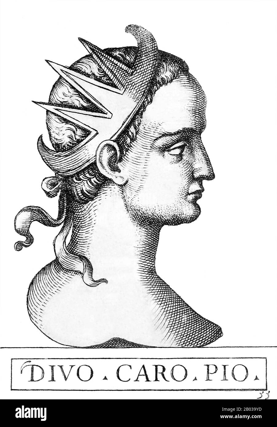 Marcus Numerius Carus (222-283) est né à Gaule mais a fait ses études à Rome. Sénateur, il a rempli divers postes civils et militaires avant d'être finalement nommé préfet de la Garde prétorienne par l'empereur Probus en 282. Soit juste avant, soit après l'assassinat de Probus, Carus a été proclamé empereur par ses soldats, avec les tentatives de Probus d'arrêter cette usurpation menant à son meurtre par ses propres soldats à la fin de 282. Carus avenged la mort de Probus en exécutant ses tueurs, mais il était soupçonné d'avoir été un accessoire à l'acte. La principale réalisation de Carus pendant son bref règne était de faire un Banque D'Images