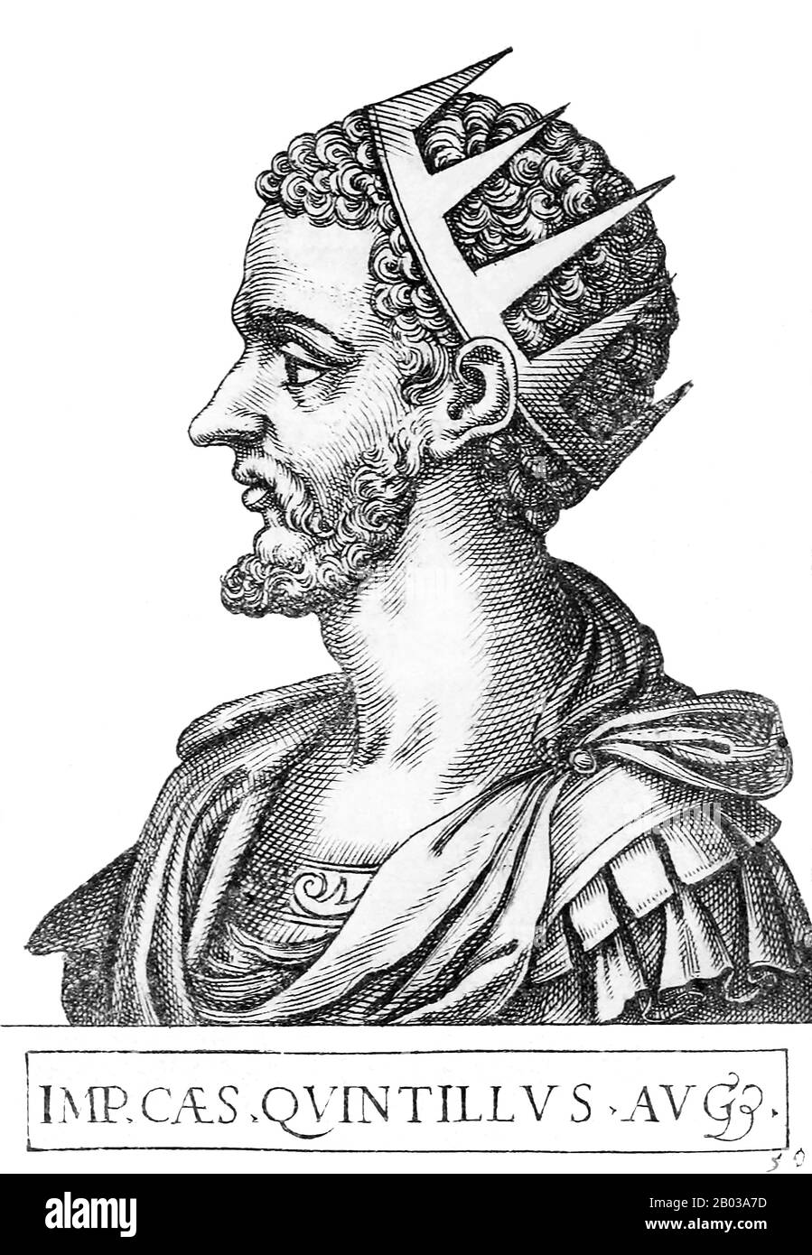 Quintillus (212-270) est né à Sirmium à une famille de naissance basse, ne venant à n'importe quelle proéminence que lorsque son frère Claudius II Gothicus est devenu empereur en 268. Lorsque Claudius II est décédé deux ans plus tard en 270 ans, Quintillus a été déclaré son successeur, soit par le Sénat romain, soit par les soldats de son frère. Les dates exactes et la durée du règne de Quintillus sont contradictoires, et durent de 17 à 177 jours. De même, la cause de sa mort est inconnue, certaines sources indiquant qu'il a été assassiné par ses propres soldats pour sa discipline militaire stricte, tandis que d'autres le rapportent être tué dans la bataille ag Banque D'Images