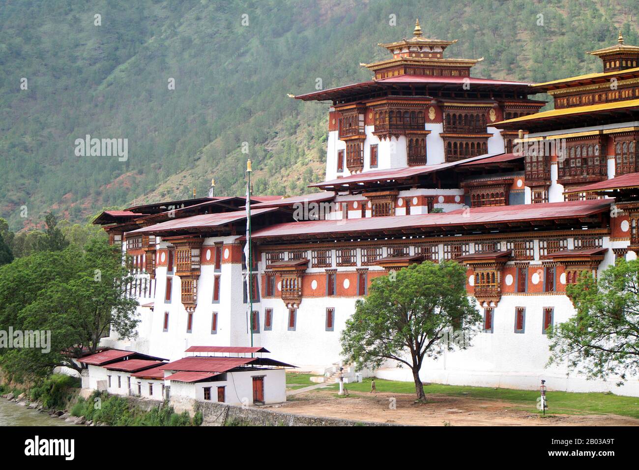 Le Punakha Dzong, également connu sous le nom de Pungtang Dewa chhenbi Phodrang ('le palais du grand bonheur ou du bonheur') a été construit en 1637 - 1638 par le premier Zhabdrung Rinpoché et fondateur de l'État bhoutanais, Ngawang Namgyal (1594 - 1651). C'est le deuxième dzong le plus grand et le deuxième plus ancien (forteresse) au Bhoutan, situé au confluent des rivières Pho Chhu (père) et Mo Chhu (mère) dans la vallée de Punakha-Wangdue. Punakha Dzong est le centre administratif du district de Punakha, et a autrefois servi de centre administratif et de siège du gouvernement du Bhoutan jusqu'en 1855, lorsque la capitale a été transférée à Thi Banque D'Images