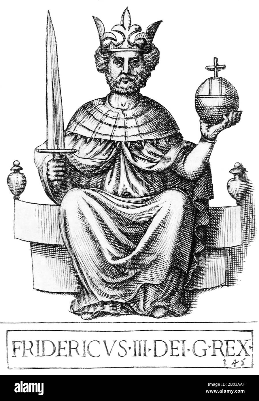 Frederick III (1289-1330), aussi connu sous le nom de Frederick le Beau et Frederick la Foire, était le deuxième fils du roi Albert I, faisant ainsi partie de la dynastie des Habsbourg. Il fut fait duc d'Autriche et de Styrie en 1298 aux côtés de son frère Rudolph III, devenant unique dirigeant après la mort de son frère en 1307. Il était à l'origine un ami proche de son cousin Louis IV de Wittelsbach, mais ils sont devenus ennemis plus tard dans la vie. Lorsque l'empereur Henry VIII meurt en 1313, Frederick devient candidat au trône, aux côtés de son cousin Louis. Frederick a reçu quatre voix sur sept, mais un deuxième élec Banque D'Images