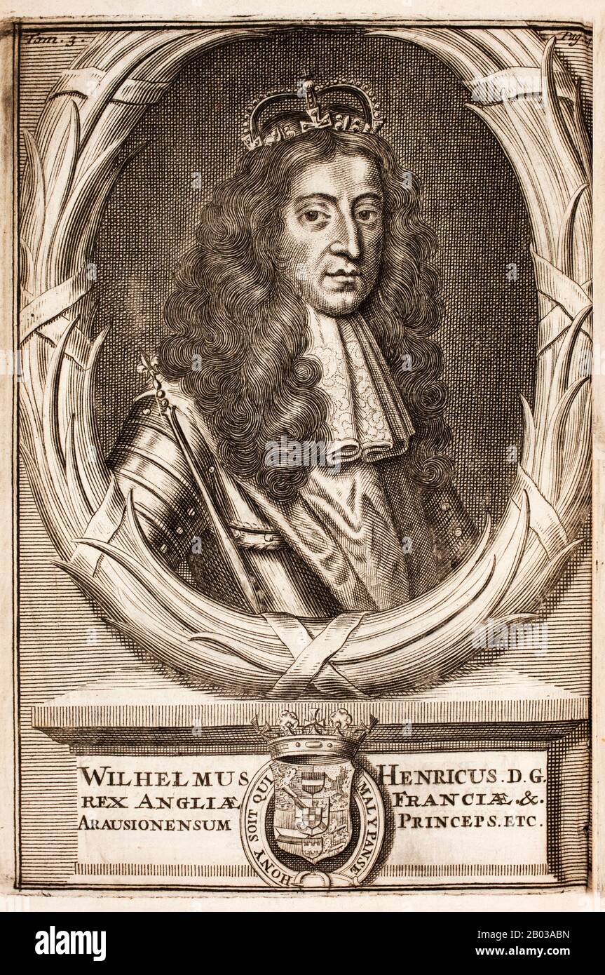 William III d'Angleterre (1650-1702), communément connu sous le nom de William d'Orange et en Écosse sous le nom de William II (officieusement appelé le roi Billy), était un prince hollandais d'Orange. Baptisé William Henry, il était Stadtholder de Hollande, Zélande, Gueldre, Overijssel et Utrecht en République néerlandaise. Il a hérité la principauté d'Orange de son père, William II, qui est mort de la variole une semaine avant la naissance de son fils; sa mère Marie était la fille du roi Charles I d'Angleterre. William, en tant que protestant, a participé à plusieurs guerres contre le roi Louis XIV de France, qui était catholique, devenant champi Banque D'Images