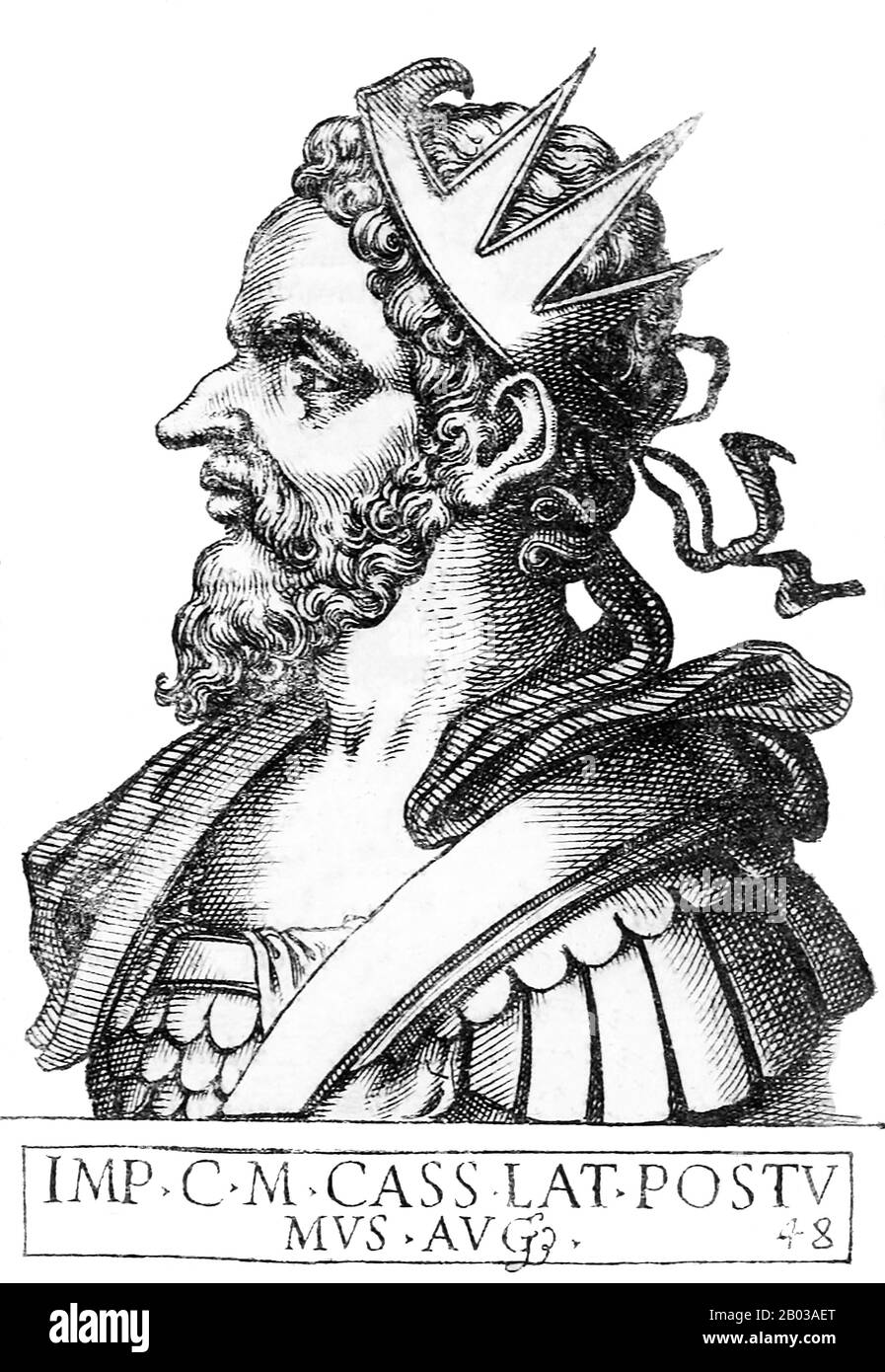 Postumus (-269) a prétendu avoir été un Batavian, bien que peu est connu au sujet de sa vie tôt. Il s'est joint et s'est rapidement monté à travers les rangs de l'armée, jusqu'à ce qu'il ait finalement tenu le commandement sur les forces romaines 'parmi les Celtes'. Lui et ses forces ont finalement révolté en 260, se proclamant empereur en opposition à l'empereur Gallienus. Banque D'Images