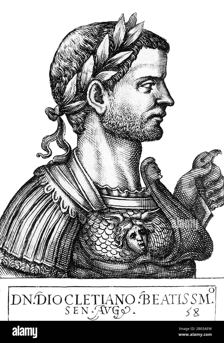 Dioclétien (244-312) est né comme Diocles en Dalmatie. Il est passé par les rangs de l'armée pour devenir un commandant de cavalerie sous l'empereur Carus, et après la mort de Carus et de son fils Numerian en 284, Dioclétien a été proclamé empereur, battant l'autre fils survivant de Carus Carinus pour sanctifier sa revendication. Banque D'Images