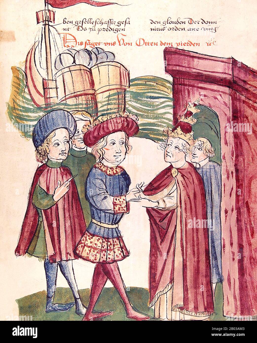 Otto IV (1175-1218) était le troisième fils du duc rebelle Henry le Lion, ainsi que le neveu et le fils nourricier du roi Richard Lionheart d'Angleterre. Il est né et élevé en Angleterre par Richard, et donc beaucoup le considèrent comme le premier roi étranger d'Allemagne. Lorsque l'empereur Henry VI est mort en 1197, certains des princes opposés à la dynastie Staufen ont élu Otto comme anti-roi en 1198. Le pape Innocent III (1160 ou 1161 – 16 juillet 1216), né Lotario dei Conti di Segni (anglophone Lothar de Segni), régna du 8 janvier 1198 à sa mort en 1216. Banque D'Images