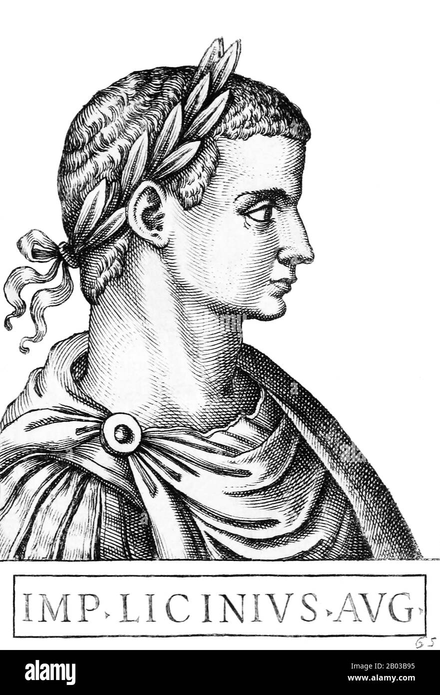 Licinius (263-325) est né d'une famille paysanne et était un ami d'enfance du futur empereur Galerius, devenant un proche confident à Galerius et confié aux provinces orientales lorsque Galerius s'est rendu à traiter avec l'usurier Maxentius. Galerius a élevé Licinius au co-empereur, Auguste en Occident, en 308, bien qu'il ait personnellement eu le contrôle sur les provinces de l'est. Banque D'Images