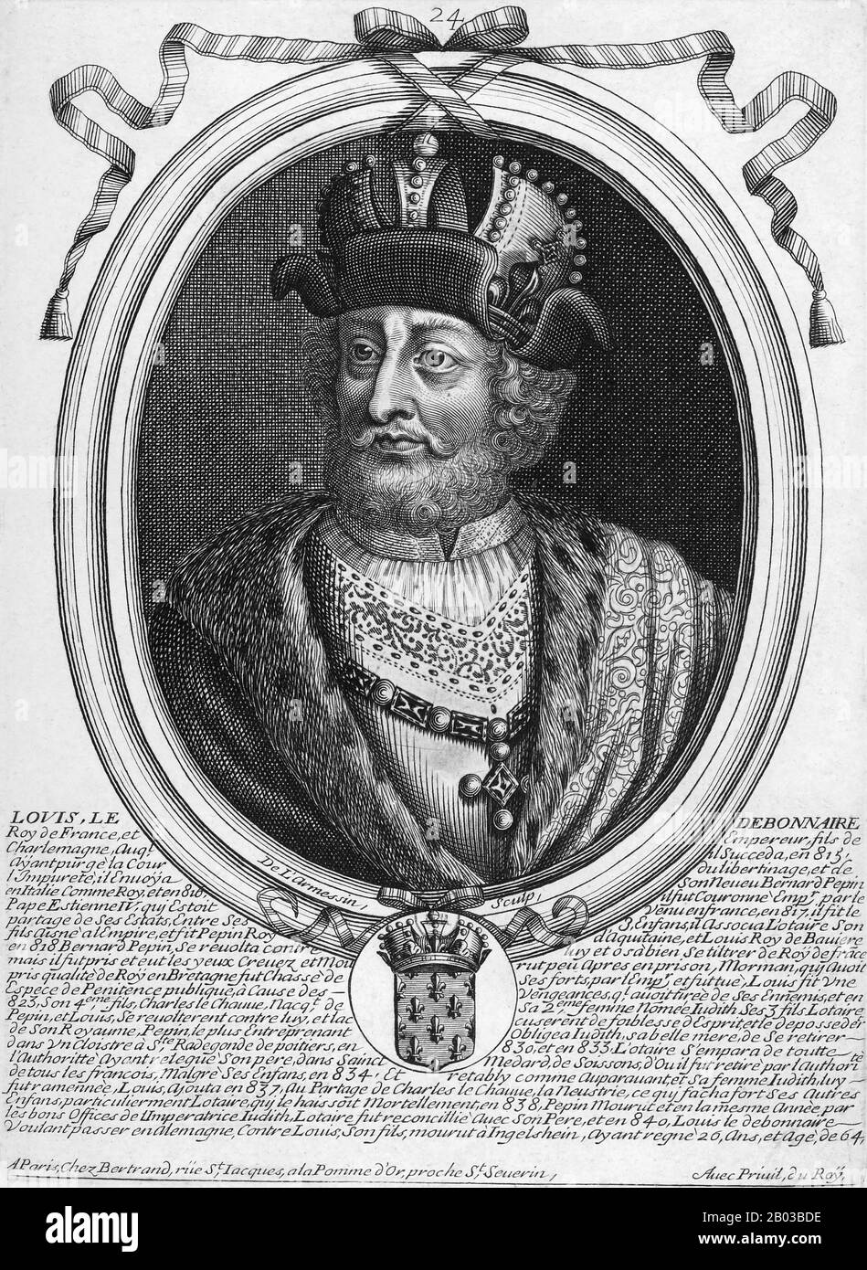 Louis I (778-840), également connu sous le nom de Louis le pieux, Louis la Foire et Louis le Débonaire, était le seul fils adulte survivant de l'empereur Charlemagne et Hildegard. Louis a gouverné d'Aquitaine, accusé par son père de défendre la frontière sud-ouest de l'empire contre les musulmans d'Espagne. Il conquit Barcelone en 801 et affirma la domination du Frankish sur Pampelune et les Basques au sud des Pyrénées en 812. Il a été nommé co-empereur et roi des Francs par son père en 813, avant de devenir unique dirigeant en 814. Banque D'Images