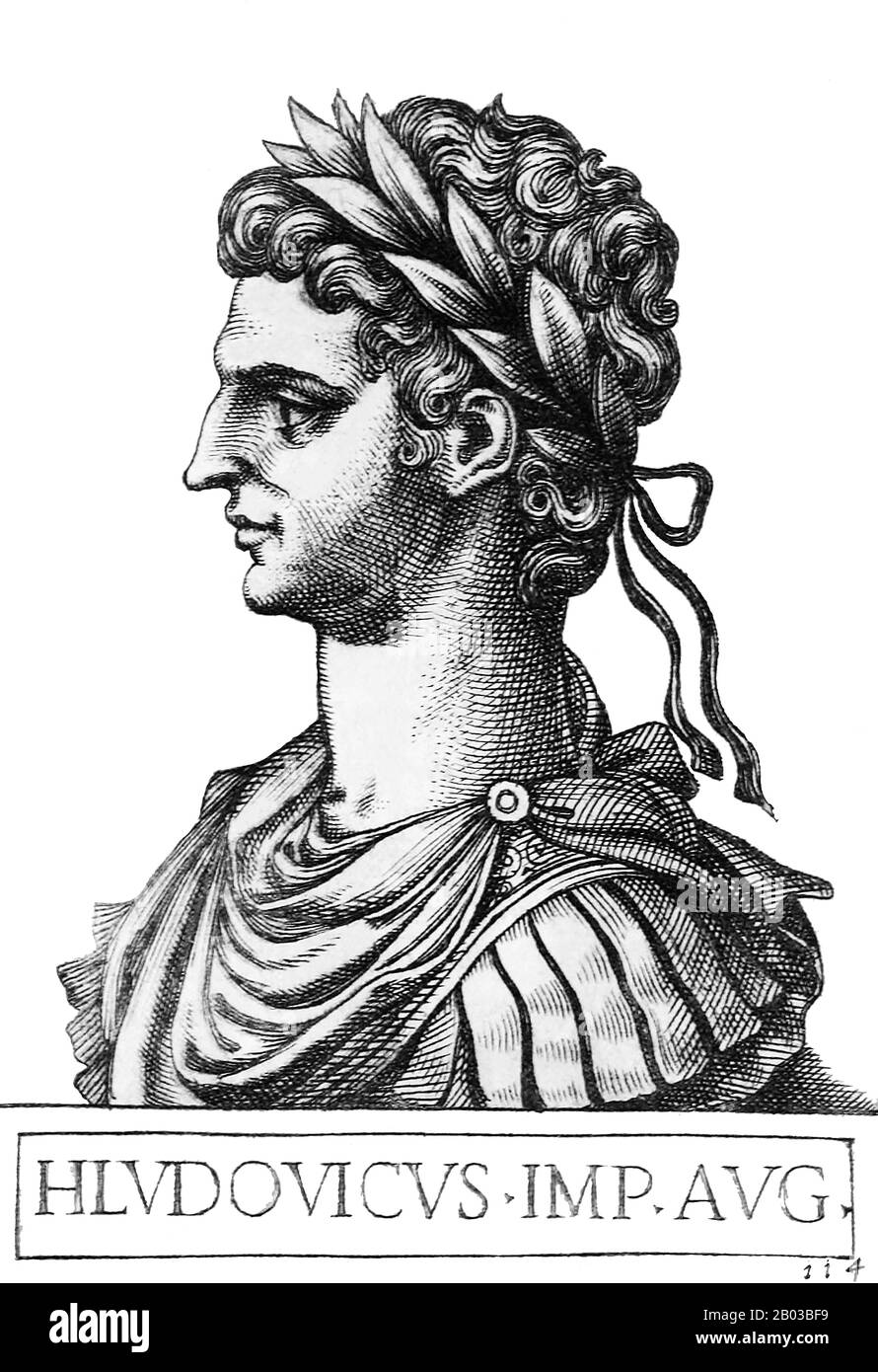 Louis I (778-840), également connu sous le nom de Louis le pieux, Louis la Foire et Louis le Débonaire, était le seul fils adulte survivant de l'empereur Charlemagne et Hildegard. Louis a gouverné d'Aquitaine, accusé par son père de défendre la frontière sud-ouest de l'empire contre les musulmans d'Espagne. Il conquit Barcelone en 801 et affirma la domination du Frankish sur Pampelune et les Basques au sud des Pyrénées en 812. Il a été nommé co-empereur et roi des Francs par son père en 813, avant de devenir unique dirigeant en 814. Banque D'Images