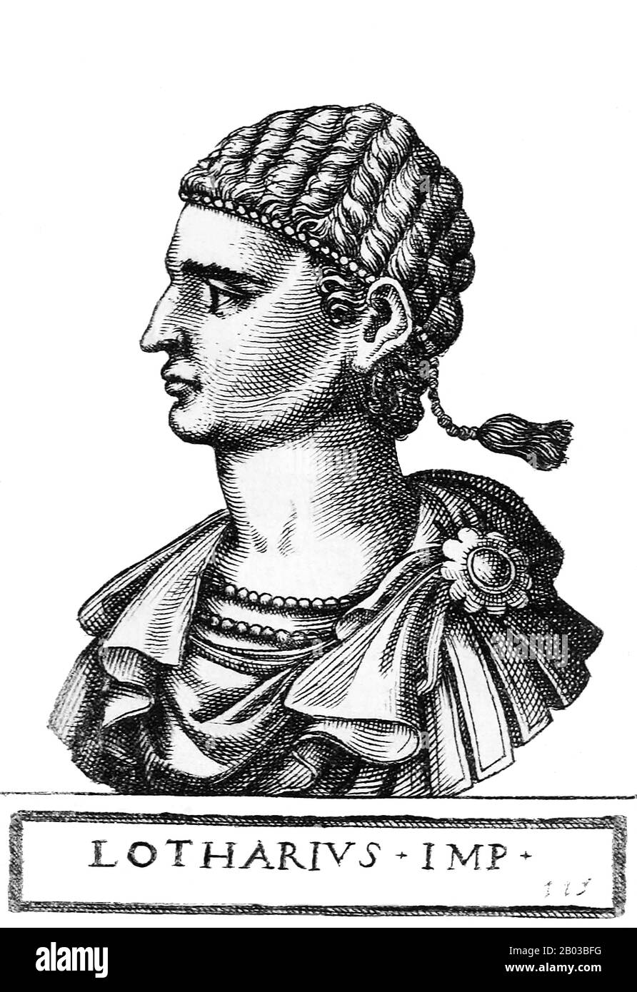 Lothair I (795-855), également connu sous le nom de Lothar I, était le fils aîné de l'empereur Louis le pieux et a grandi dans la cour de son grand-père, l'empereur Charlemagne. Quand son père est mort en 840, Lothair a ignoré tous les plans précédents de partitionnement et a revendiqué l'ensemble de l'Empire romain Saint pour lui-même, conduisant à une autre guerre civile qui a duré environ trois ans. Banque D'Images
