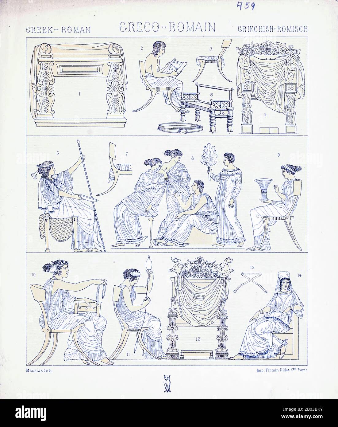 Ancienne mode romaine grecque et accessoires de Geschichte des kostüms dans chronologicher entwicklung (Histoire du costume dans le développement chronologique) par Racinet, A. (Auguste), 1825-1893. Et Rosenberg, Adolf, 1850-1906, Volume 1 imprimé à Berlin en 1888 Banque D'Images