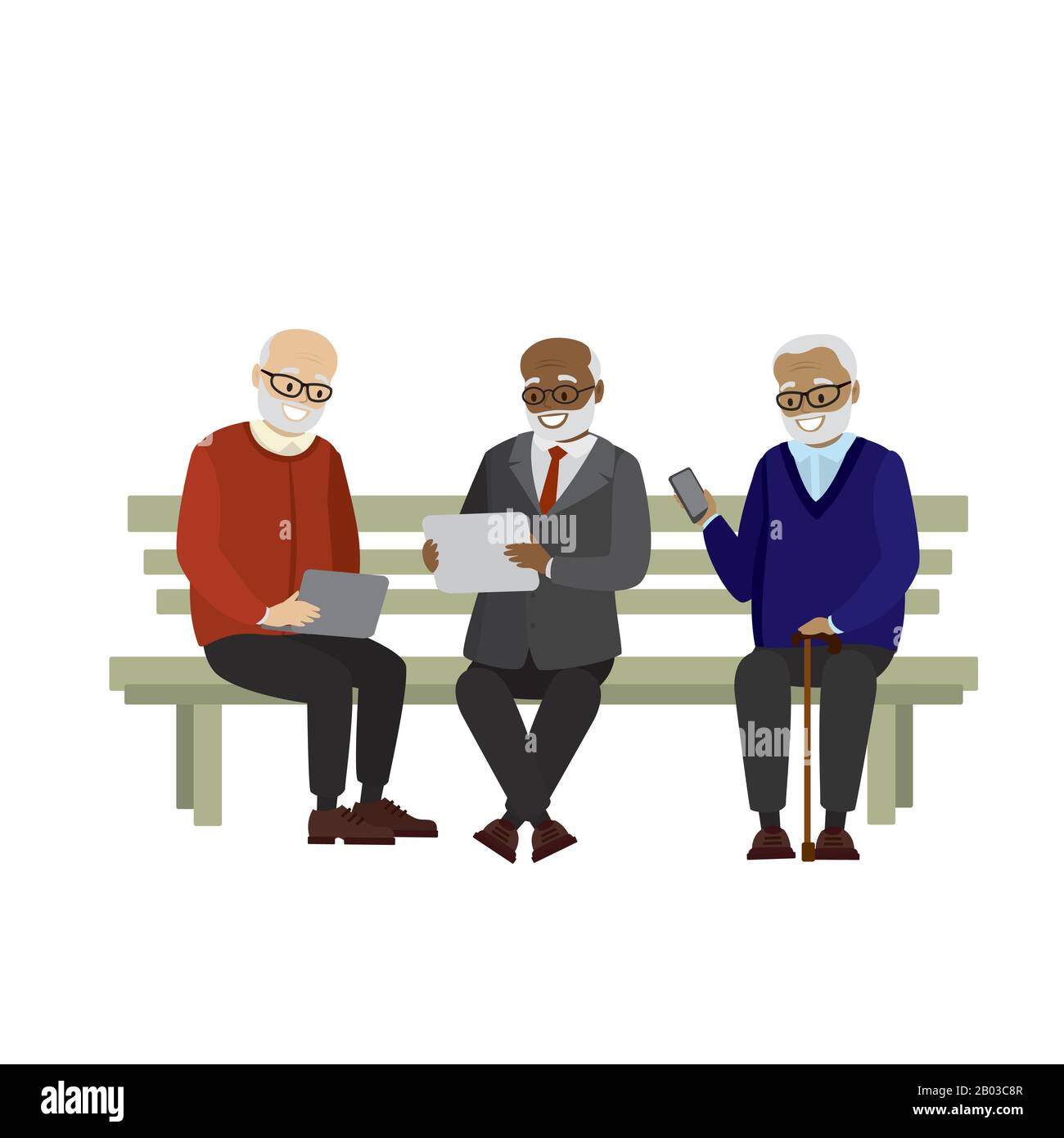 grands-pères avec gadgets intelligents assis sur le banc, isolé sur fond blanc, illustration vectorielle de dessin animé Illustration de Vecteur