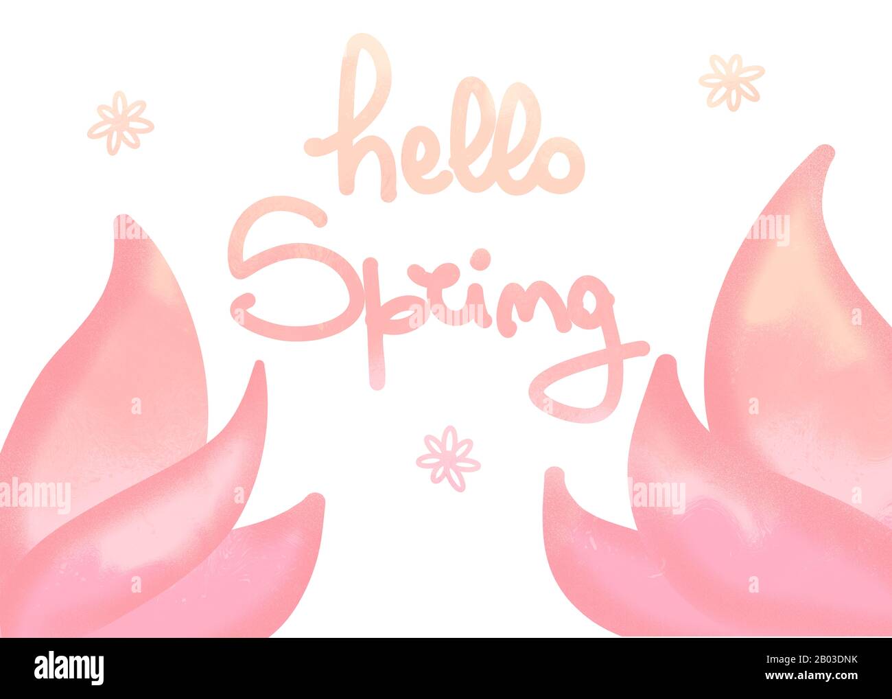 hello spring dégradé main lettering dessin d'arrière-plan illustration avec des feuilles et des fleurs Banque D'Images