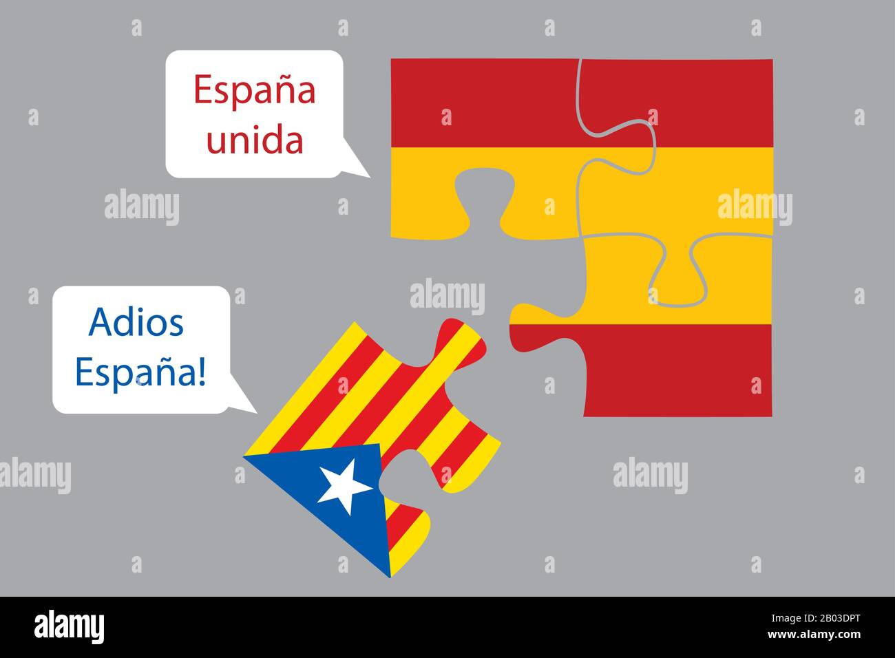 Une tranche du puzzle du drapeau de la Catalogne tombe du drapeau de l'Espagne, et de la bulle de discours -United Espagne et au revoir Espagne,vecteur de dessin animé illustrat Illustration de Vecteur