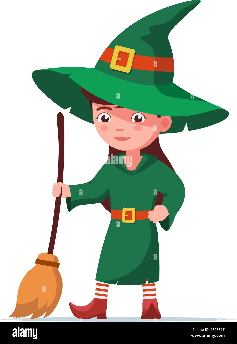 Sorcière fille en vêtements verts et un chapeau se tient et tient un balai.  Un enfant mignon dans un costume de sorcière halHalloween est debout avec  un broomstick. Illustrateur vectoriel Image Vectorielle