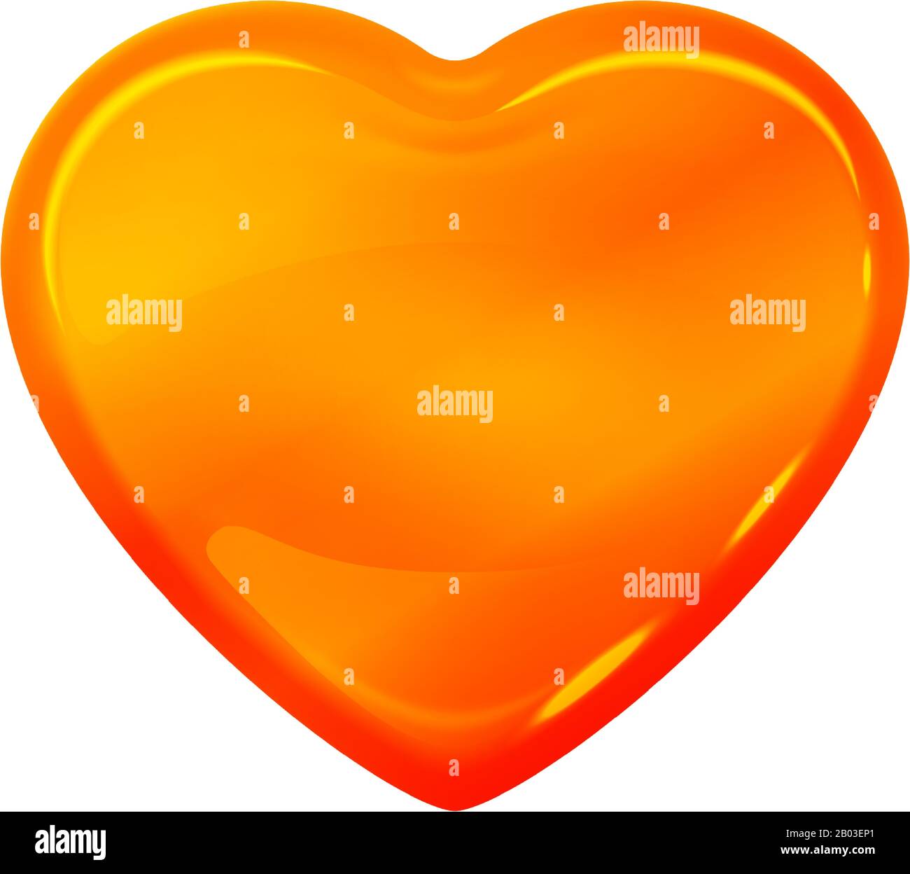 Forme de coeur ambré au sirop de caramel isolée sur un fond blanc. Illustration vectorielle coeur brillant réaliste de miel. Objet de blocage de liquide d'huile orange avec hig Illustration de Vecteur