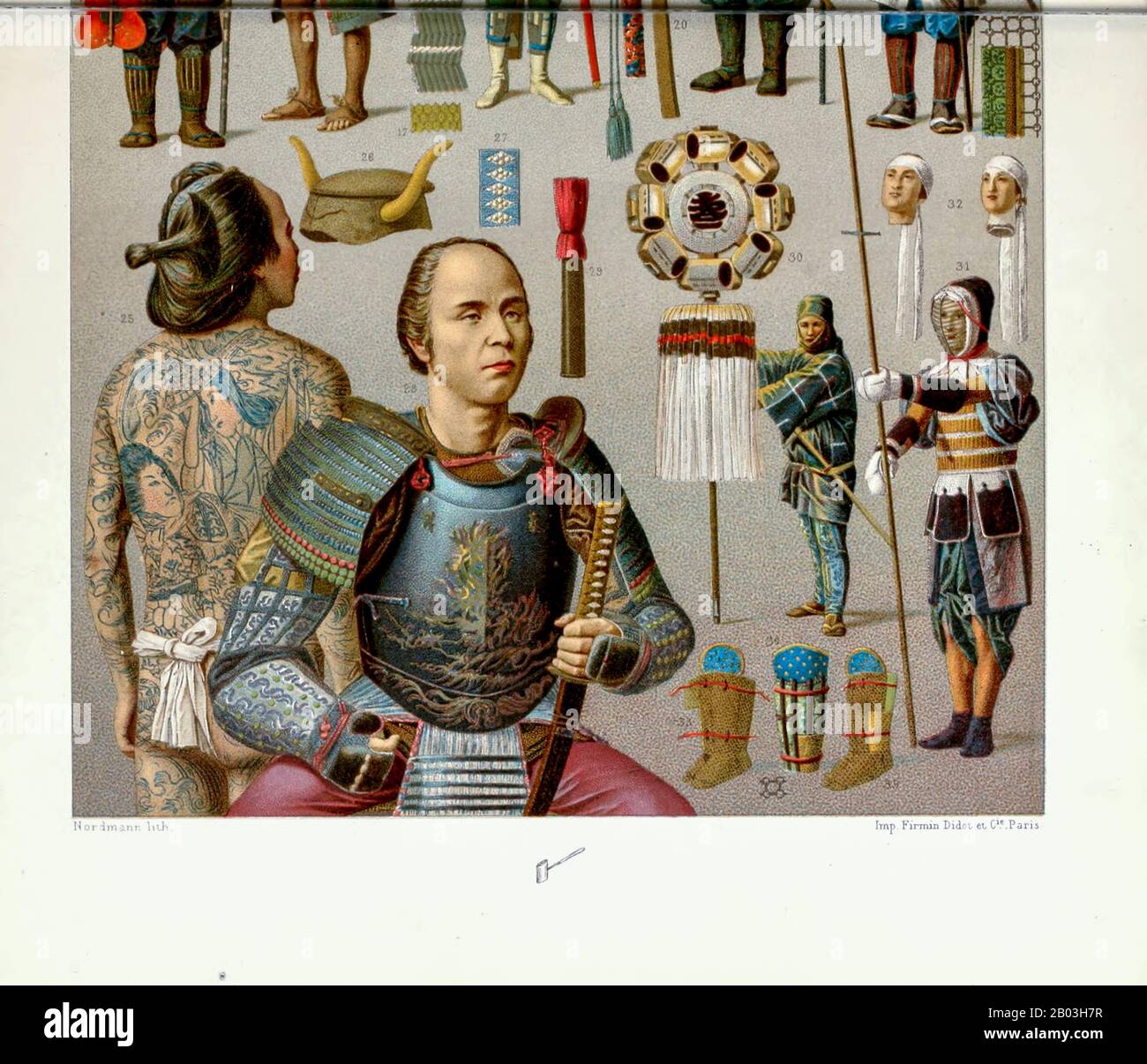 Ancienne mode japonaise, armes et accessoires de Geschichte des kostüms dans chronologicher entwicklung (Histoire du costume dans le développement chronologique) par Racinet, A. (Auguste), 1825-1893. Et Rosenberg, Adolf, 1850-1906, Volume 1 imprimé à Berlin en 1888 Banque D'Images