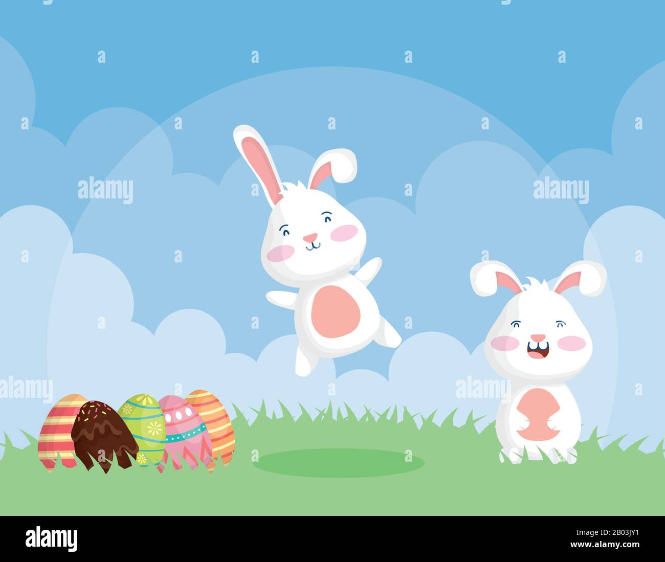 bonne carte de fête de pâques avec lapins et œufs peints Illustration de Vecteur