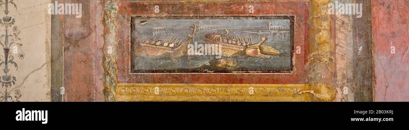 Pompéi (fresque à la Maison du Vettii, scène navale de combat), site classé au patrimoine mondial de l'UNESCO - Campanie, Italie, Europe Banque D'Images