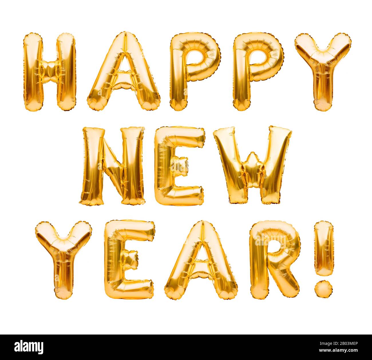 Bonne année phrase faite de ballons gonflables dorés isolés sur blanc. Ballons d'hélium formant Bonne année félicitations, fête du fleuret Banque D'Images