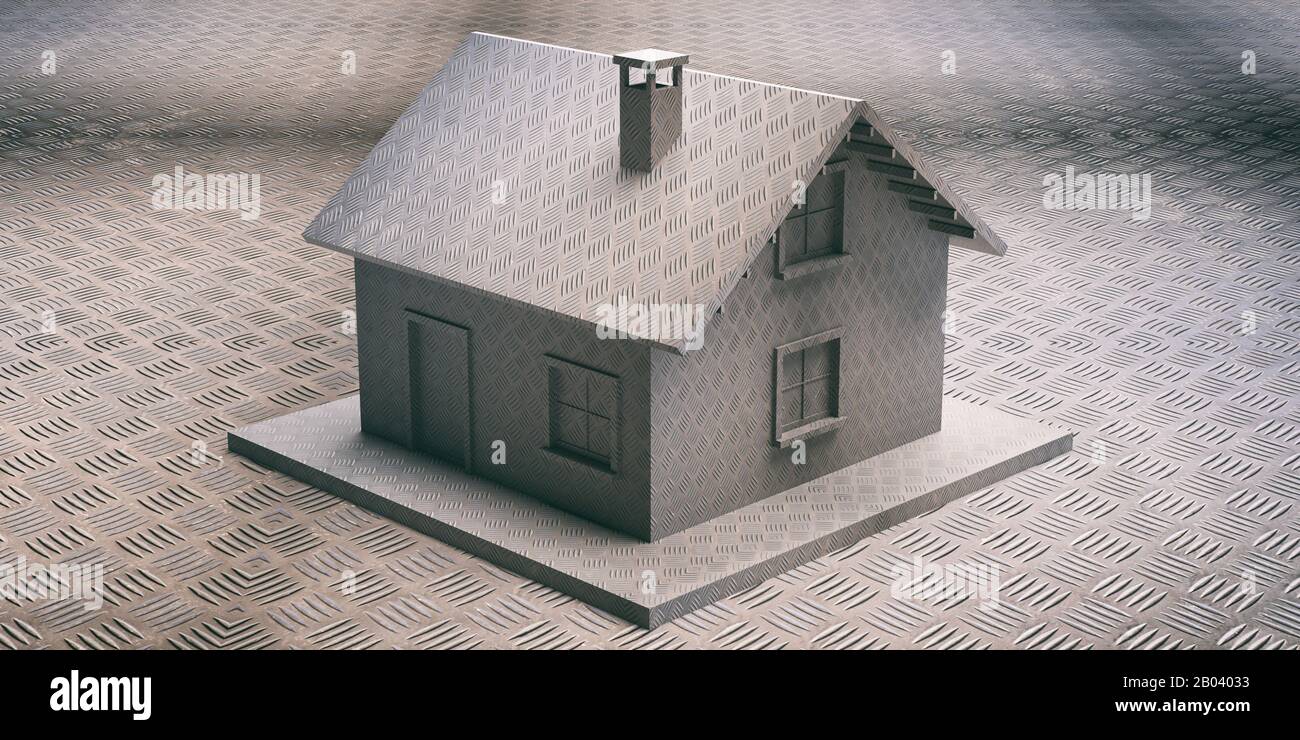 Concept de maison de sécurité. Protection blindée pour la maison, protection. Revêtement de modèle de maison industrielle de damier métallique et arrière-plan. illustration tridimensionnelle Banque D'Images