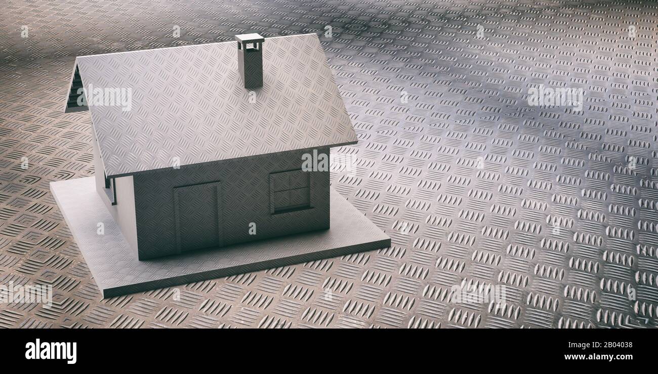 Concept de maison de sécurité. Protection blindée pour la maison, protection. Revêtement de modèle de maison industrielle de damier métallique et arrière-plan. illustration tridimensionnelle Banque D'Images