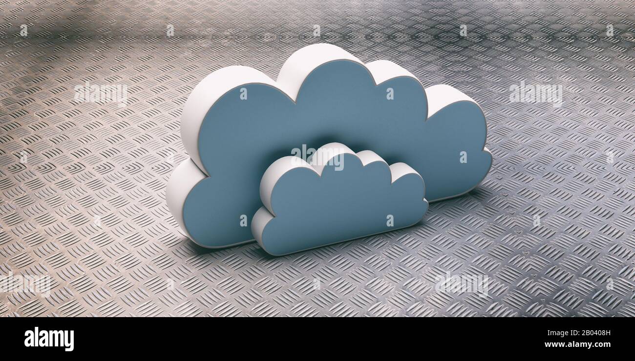Cloud computing. Nuage informatique bleu sur fond métallique industriel. Concept de stockage de données dans le Cloud. illustration tridimensionnelle Banque D'Images