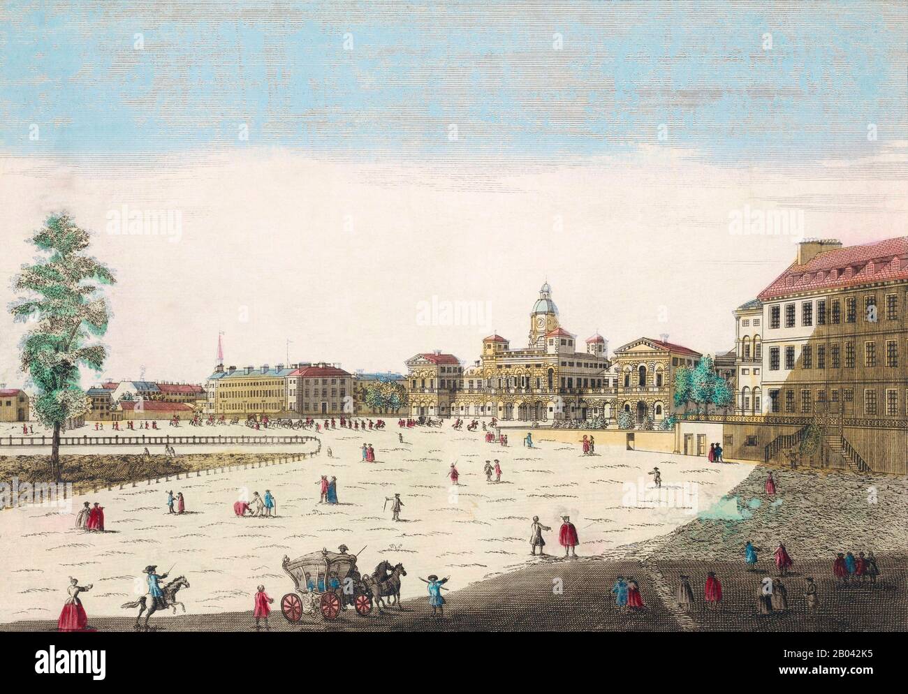 Vue sur le Palacio del Buen Retiro à Madrid. Colorisation ultérieure. Après un travail anonyme du XVIIIe siècle. Banque D'Images