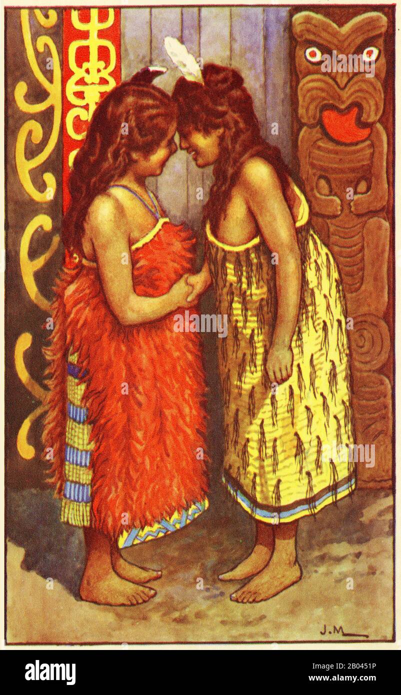 Illustration des filles maories de Nouvelle-Zélande à partir d'un ensemble d'affiches scolaires utilisées pour les études sociales, c 1930 Banque D'Images