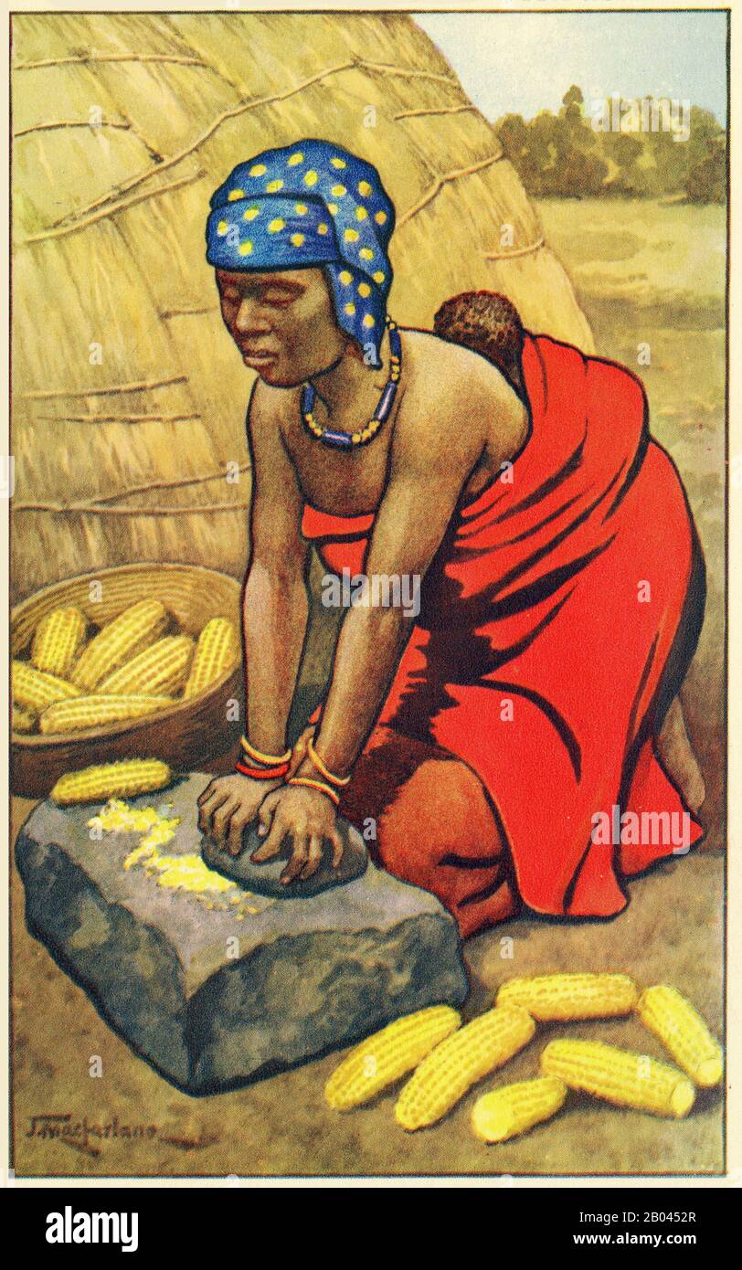 Illustration d'une femme africaine qui pond des méalies, ou maïs, à partir d'un ensemble d'affiches scolaires utilisées pour des études sociales, c 1930 Banque D'Images