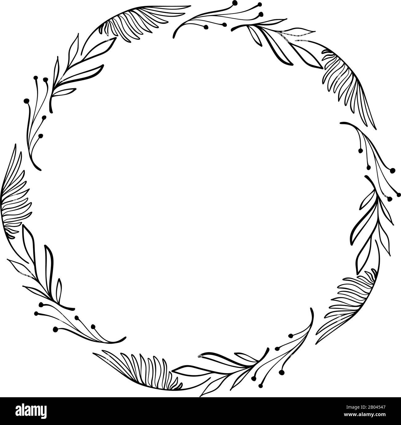 Cadre vectoriel dessiné à la main. Couronne fleurie avec feuilles pour mariage et vacances. Éléments décoratifs pour le design. Isolé Illustration de Vecteur