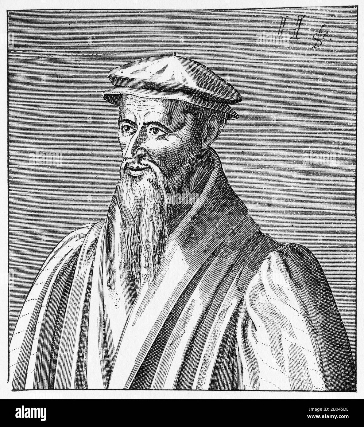 Gravure de William Farel (1489 – 1565), Guilhem Farel ou Guillaume Farel : évangéliste français, réformateur protestant et fondateur de l'Église réformée de la Principauté de Neuchâtel, en République de Genève, et en Suisse du canton de Berne et du Canton de Vaud (occupé ensuite par Berne). Banque D'Images