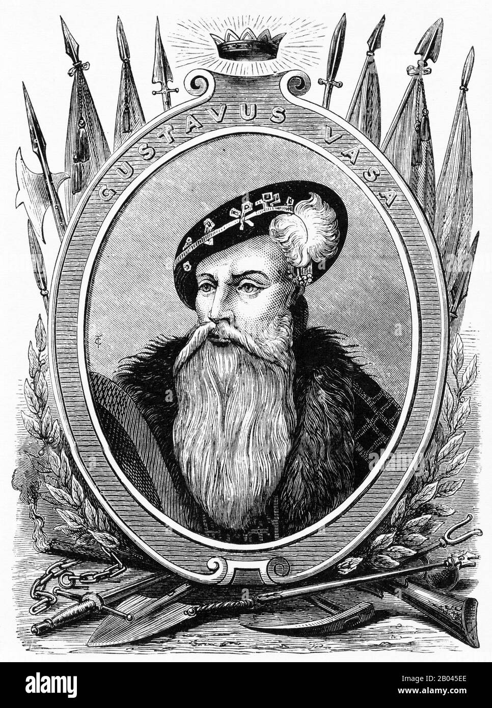 Gravure de Gustav I, né Gustav Eriksson de la famille noble Vasa et plus tard connu sous le nom de Gustav Vasa (1496 – 1560), était roi de Suède de 1523 à sa mort en 1560. Il était auparavant le protecteur du Royaume pendant la guerre de libération suédoise contre le roi Christian II du Danemark, de la Norvège et de la Suède. Gustav s'est levé pour diriger le mouvement rebelle à la suite du bain de sang de Stockholm, où son père a été exécuté. L'élection de Gustav comme roi a marqué la dernière sécession de la Suède de l'Union de Kalmar Banque D'Images