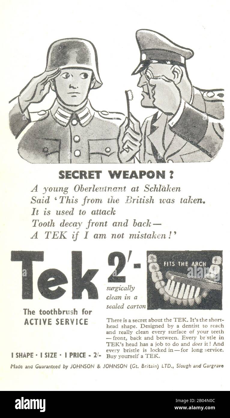 Annonce de la deuxième Guerre mondiale pour la brosse à dents Tek avec le Dr Goebbels et le jeune lieutenant allemand 1941 Banque D'Images
