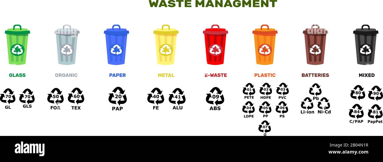 Illustration vectorielle de conteneurs pour déchets de différents types. Gestion des déchets conserve zéro déchet, tri et recyclage codes d'identification de résine Illustration de Vecteur