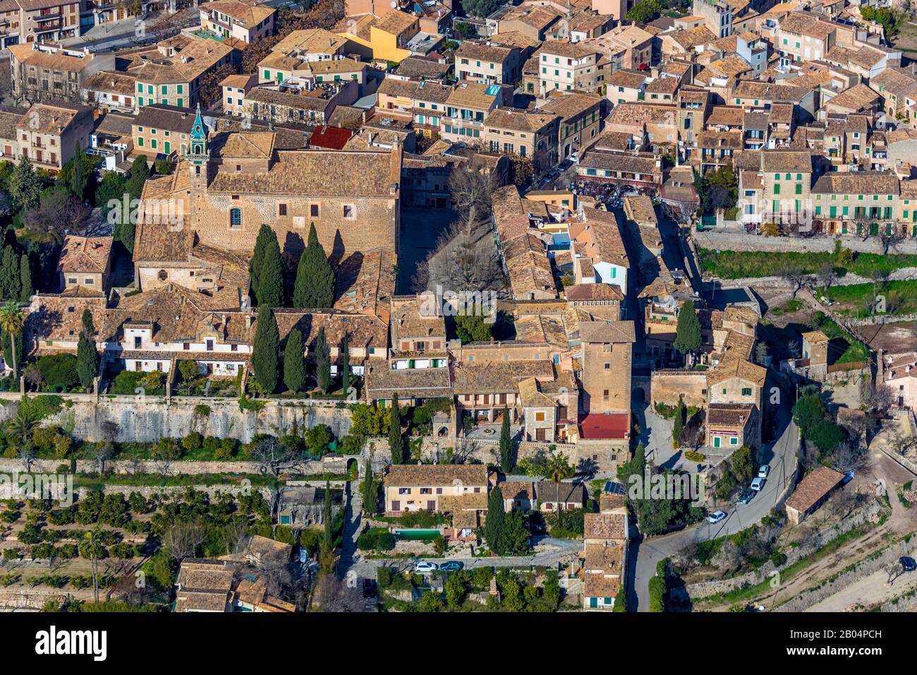 Vue aérienne, île, monastère de l'ordre des Carthusiens, Museuu Cartoixa de Valldemossa, Museuu Frédéric Chopin i George Sand, Museuu Municipal de Valldem Banque D'Images