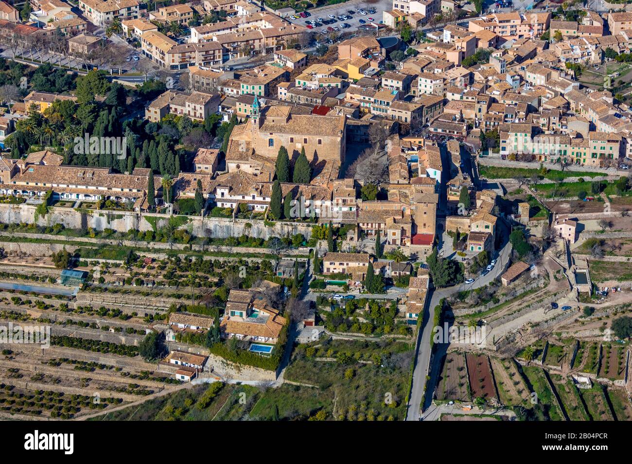 Vue aérienne, île, monastère de l'ordre des Carthusiens, Museuu Cartoixa de Valldemossa, Museuu Frédéric Chopin i George Sand, Museuu Municipal de Valldem Banque D'Images