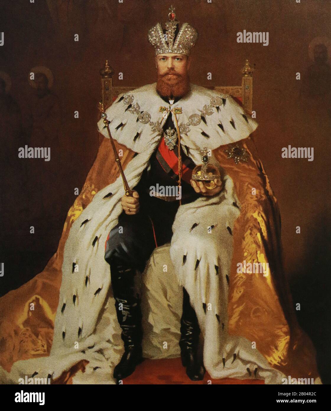 L'empereur russe Alexandre III Alexandrovitch en vêtements pour couronnement le 15 mai 1883. Peinture de A. Sokolov, XIXe siècle. Banque D'Images