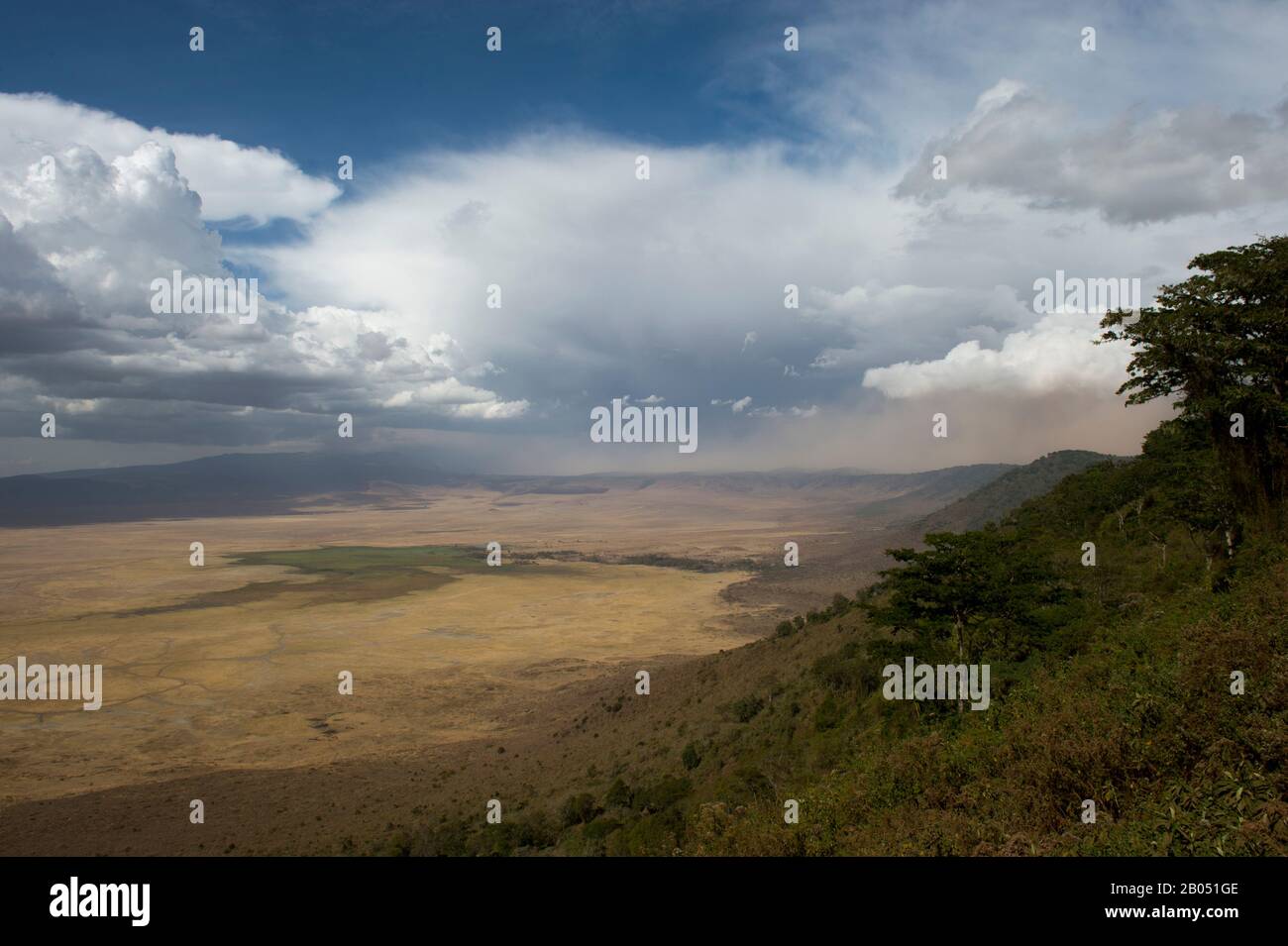 Vue sur le cratère de Ngorongoro avec des nuages de tempête dans la zone de conservation de Ngorongoro en Tanzanie, en Afrique de l'est. Banque D'Images