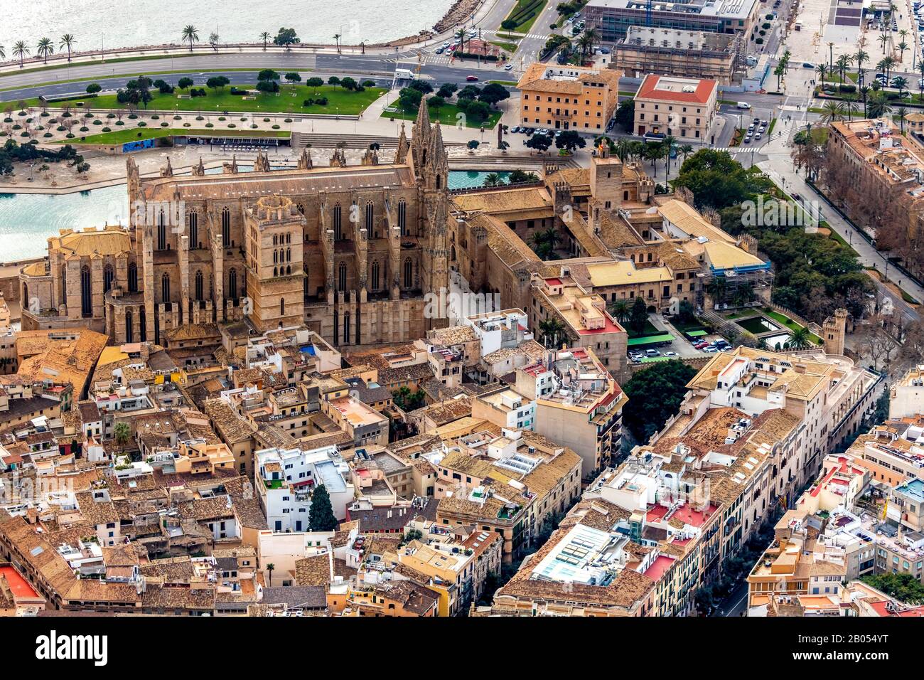 , vue aérienne, vue locale, Santa Iglesia Catedral de Mallorca, Cathédrale de Palma, Palau Reial de l'Almudaina, Palais Royal, Canamunt, Palma, Majorque Banque D'Images