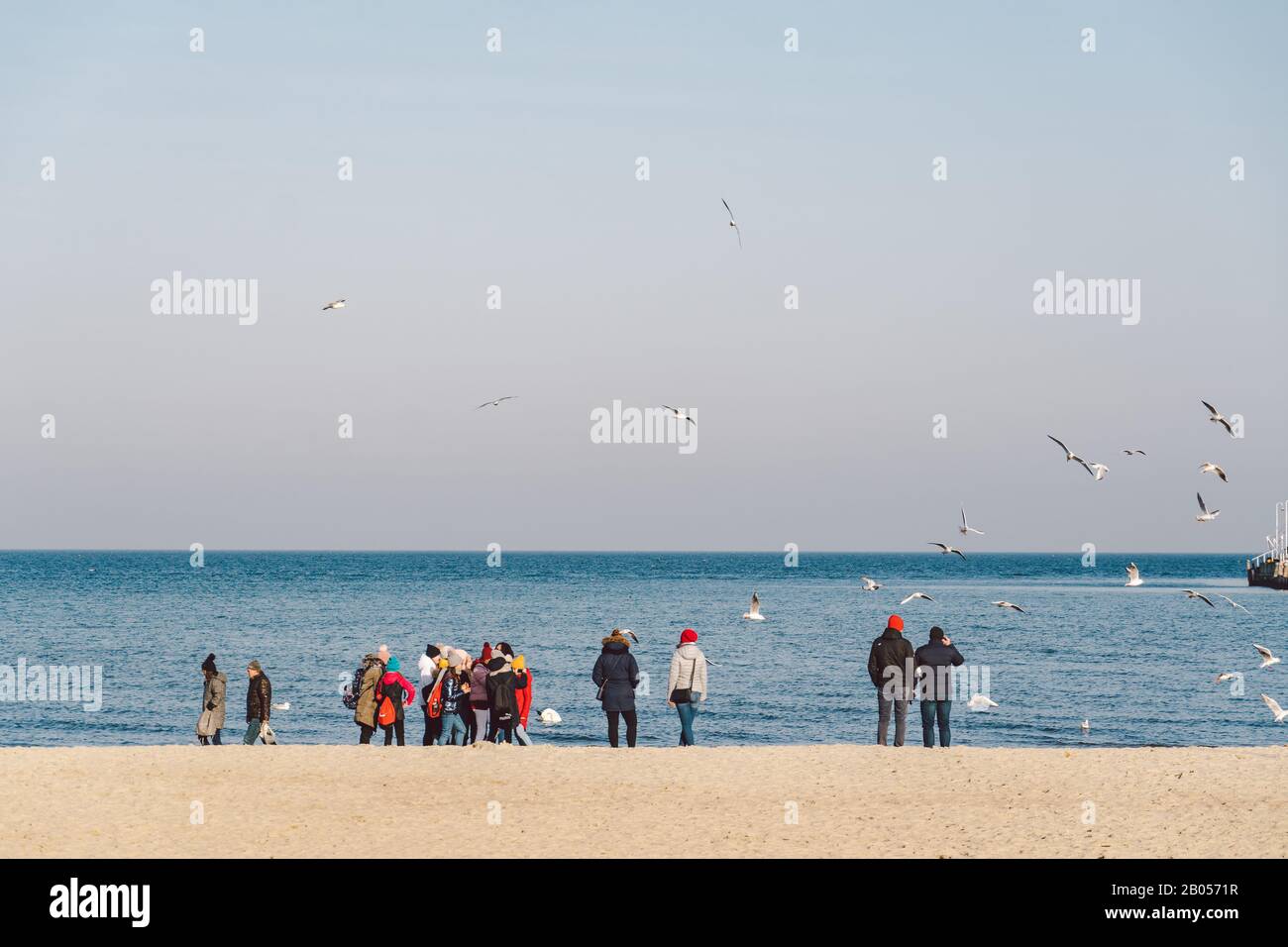 Les gens marchent sur la plage de sable en hiver. Des vacances d'hiver parfaites. Les gens se détenent en saison froide sur la côte. Gdansk, Pologne 9 Février 2020. Marche Banque D'Images