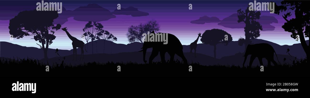 Les silhouettes d'animaux sauvages d'afrique au beau lever du soleil bleu dans le paysage de savane, illustration vectorielle Illustration de Vecteur