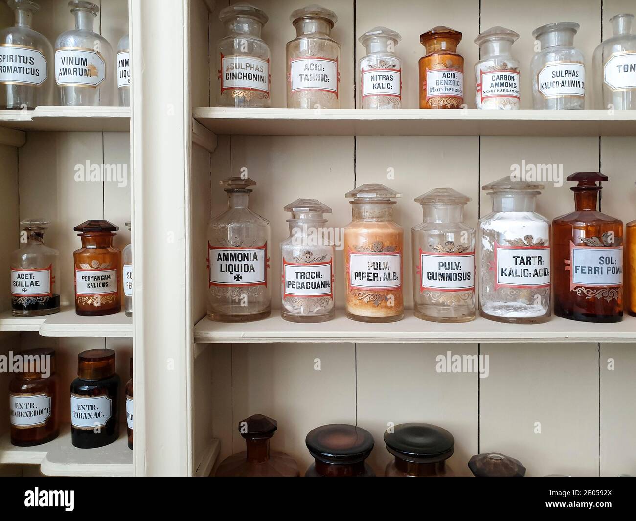 Ingrédients chimiques dans des bouteilles en verre, étiquetés en latin script, debout sur des étagères dans l'ancienne pharmacie historique Banque D'Images