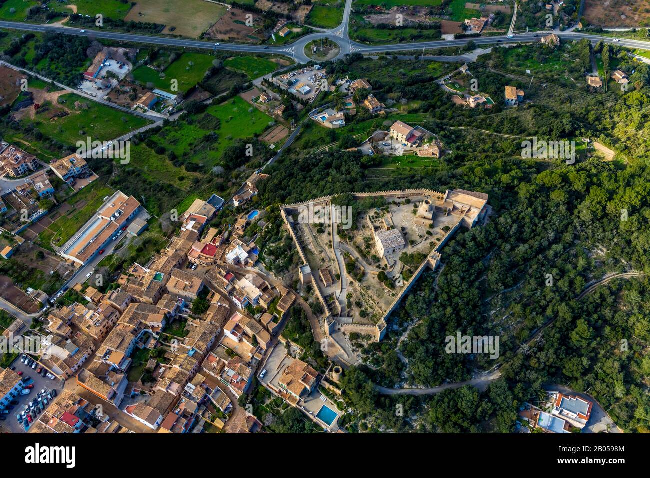 Vue aérienne, Castell de Capdepera, Château de Capdepera, colline du Château, ruine du Château, Majorque, Château triangulaire, Iles Baléares, Capdepera, Europe, Ba Banque D'Images