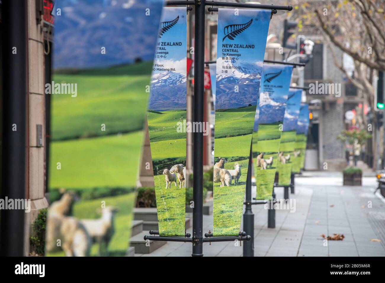 Bannières avec des moutons faisant de la publicité sur le centre de la Nouvelle-Zélande sur le trottoir , Shanghai, Chine Banque D'Images