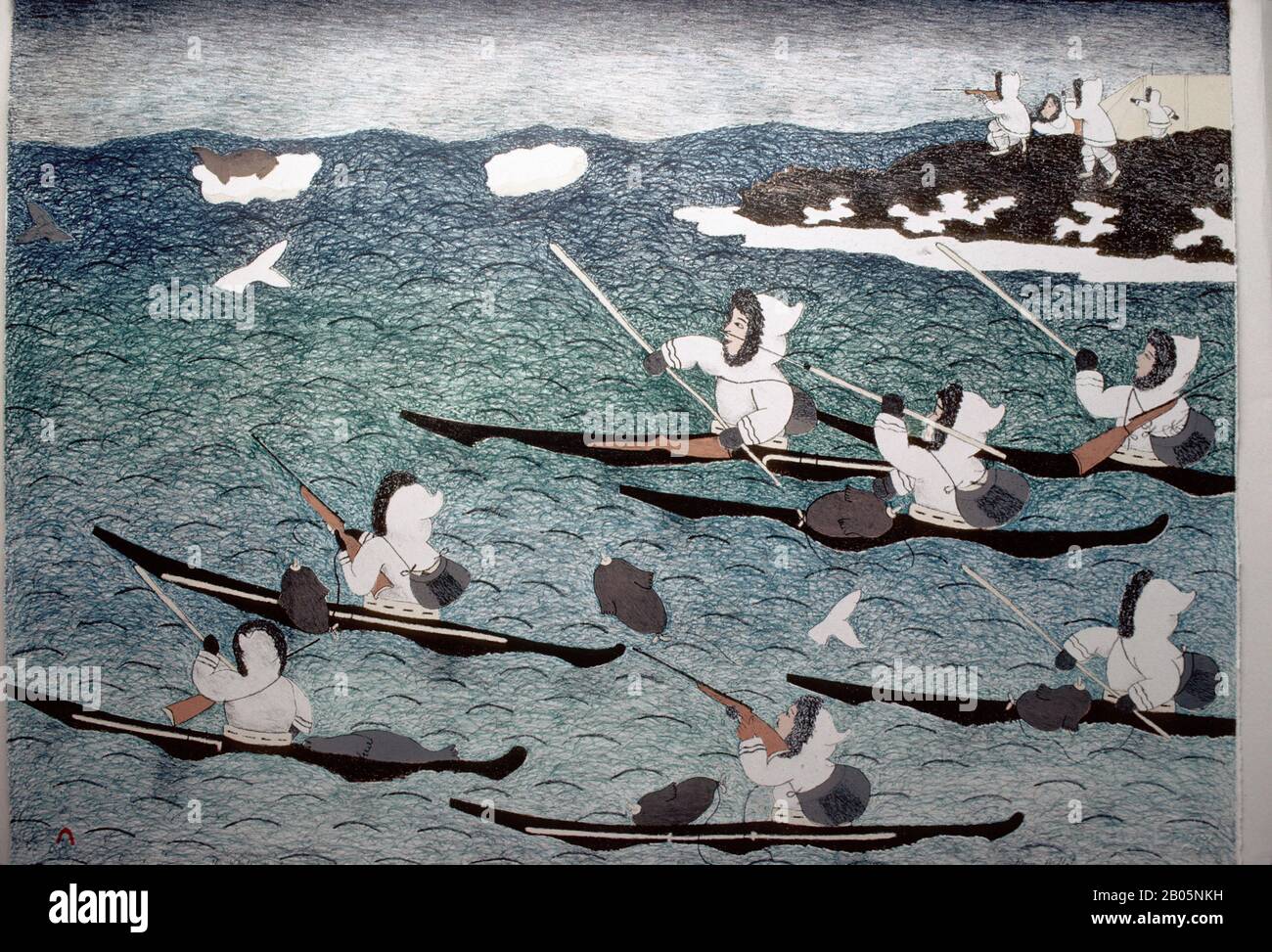 CANADA, T.N.-O., CAPE DORSET, IMPRIMER CO-OP, ARTISTE MARY PUDLAP, LITHOGRAPHIE « THE WHALE HUNT » Banque D'Images
