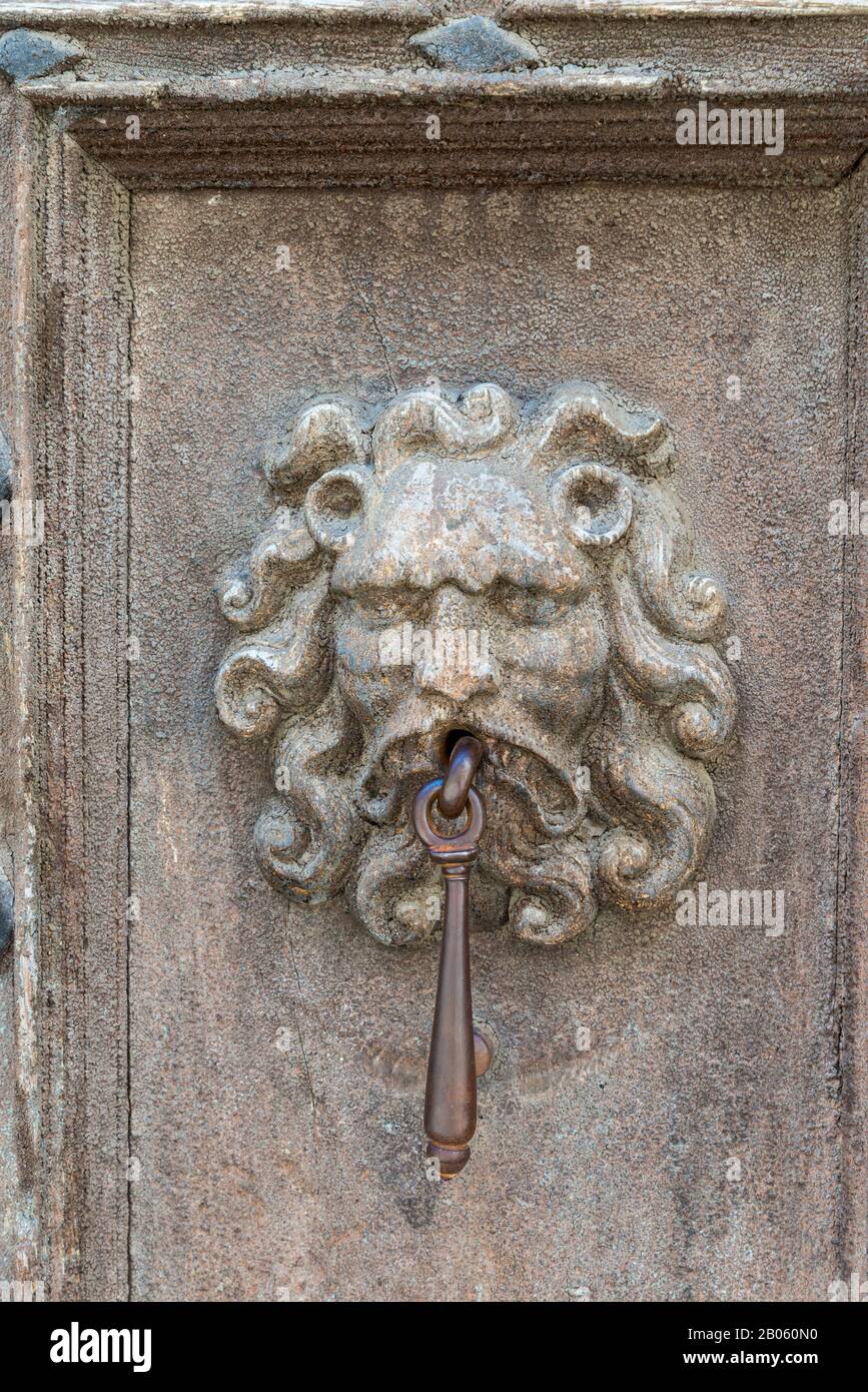Défonce de porte fixée à l'ancienne porte en bois décorée d'une tête de lion sculptée Banque D'Images